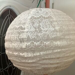 Set Of 2 Large Round Floral Lace  Fabric Lantern Off White Foldable Hanging 23”